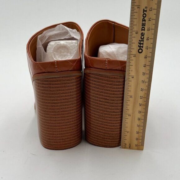FOWT Brown Crocodile Embossed Mules Chunky Stacked Heel Pointed Toe Slippers - Picture 5 of 6